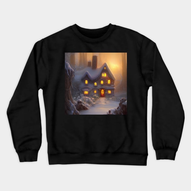 Magical Fantasy Cottage with Lights In A Snowy Scene, Scenery Nature Crewneck Sweatshirt by Promen Art